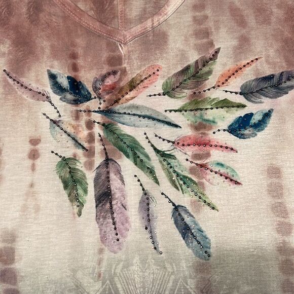 Essentials by Milano szS short sleeve pink grey rhinestones sheer hem tunic EUC - Picture 3 of 10